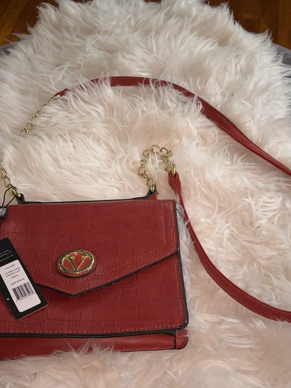 Croc-Embossed Crossbody Bag in Brick Red with Gold Chain